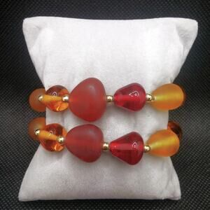 Vintage Napier Beaded Bracelet Two Strand Red Yellow Stone Matte Glass Gold Tone